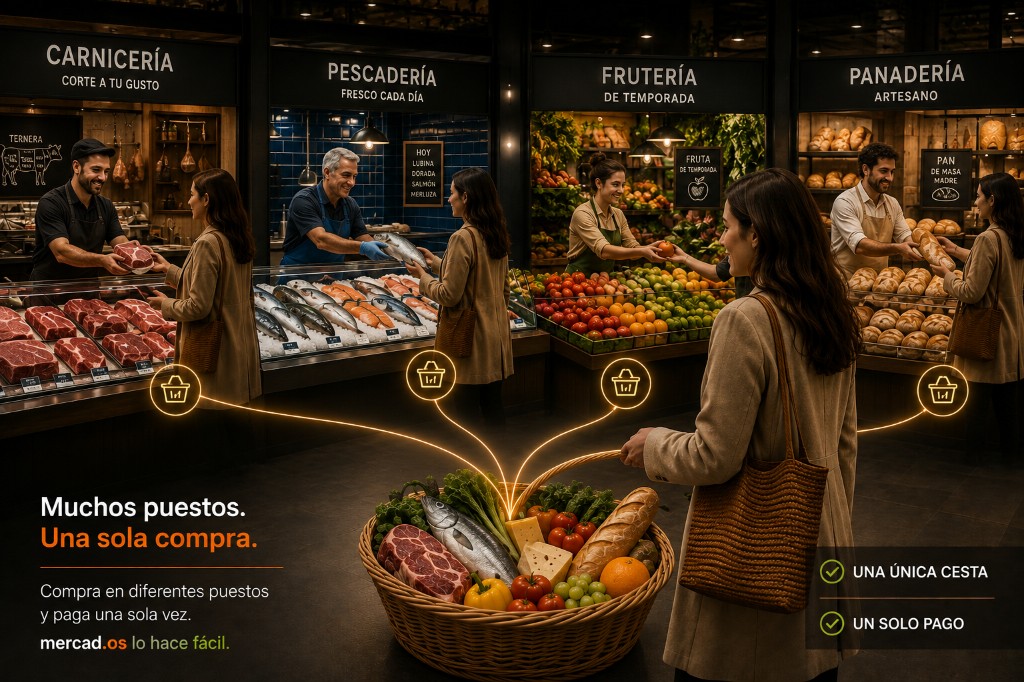 Cliente en el mercado con una cesta única conectada por luz verde a carnicería, pescadería, frutería y panadería