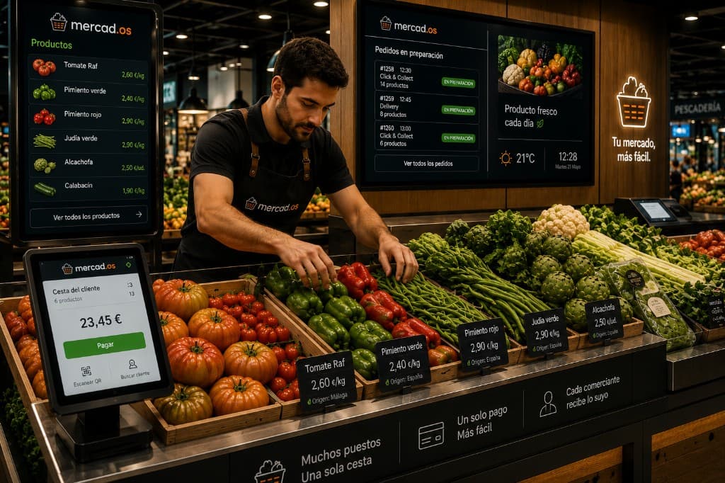 Comerciante en puesto de verduras con pantallas vivetumercado: pedidos, ventas, cesta del cliente y pagos automáticos