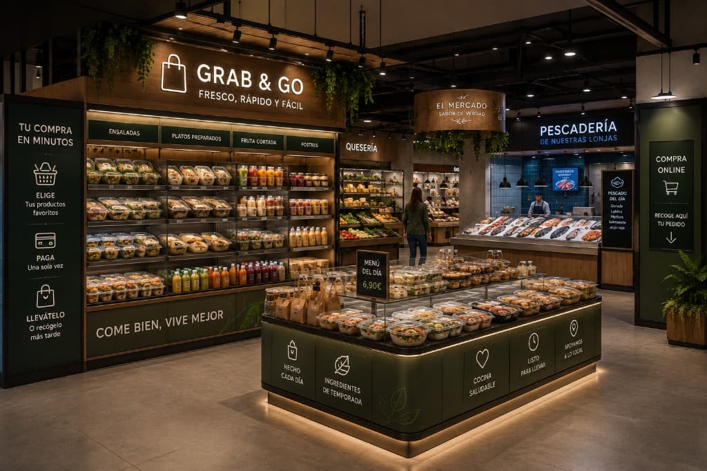 Mercado moderno con zona grab and go, platos preparados y pescadería para compra tradicional, asistida y rápida