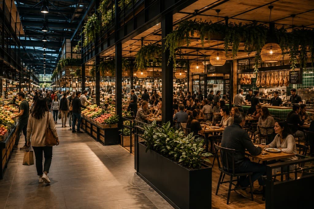 Zona gastronómica integrada en mercado con frutería, comedor y producto fresco como complemento