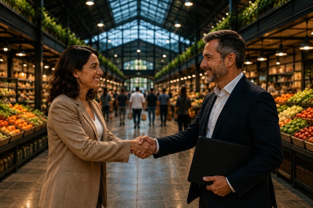 Profesionales estrechan la mano en un mercado moderno, símbolo de colaboración y confianza