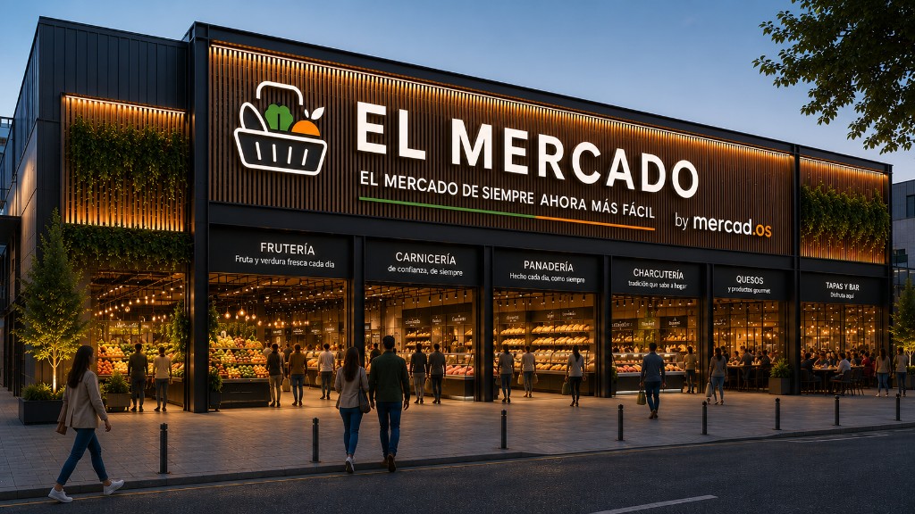 Fachada exterior de mercado moderno EL MERCADO al atardecer, con frutería, carnicería, panadería y zona de tapas