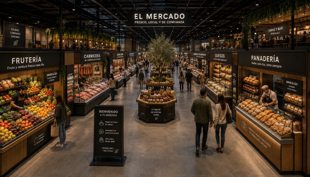 Interior de mercado de abastos moderno con frutería, carnicería, panadería, quesería y comerciantes atendiendo