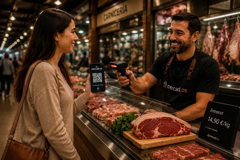 Clienta muestra su QR vivetumercado en carnicería mientras el carnicero escanea con lector y añade la compra a su cesta digital