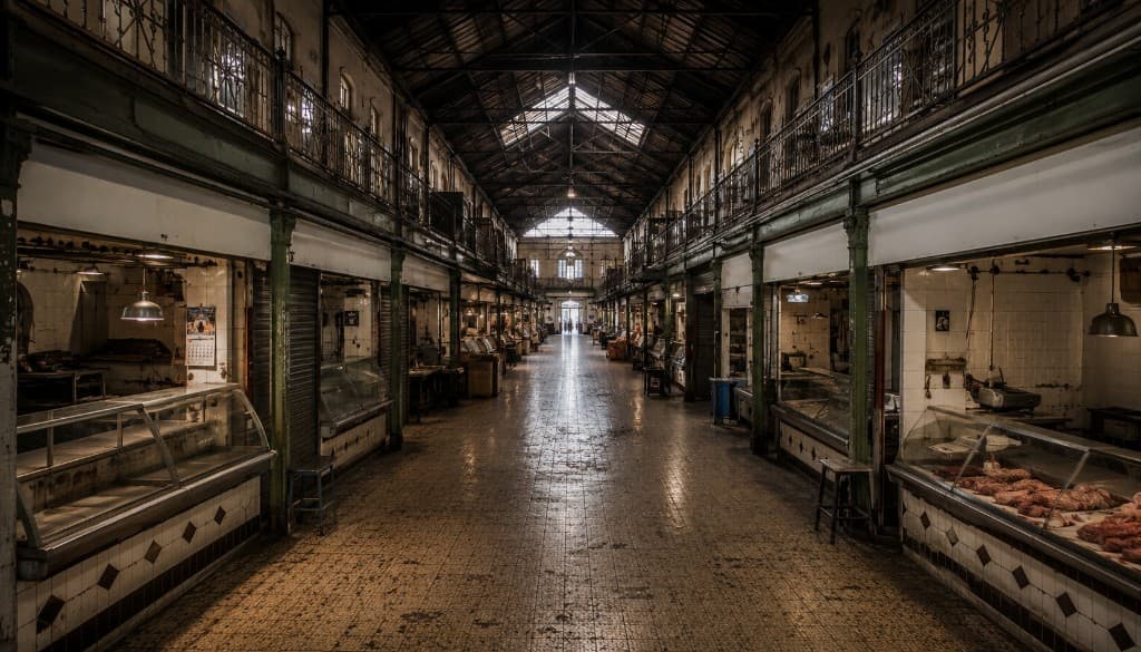 Mercado de abastos tradicional, antiguo o infrautilizado.