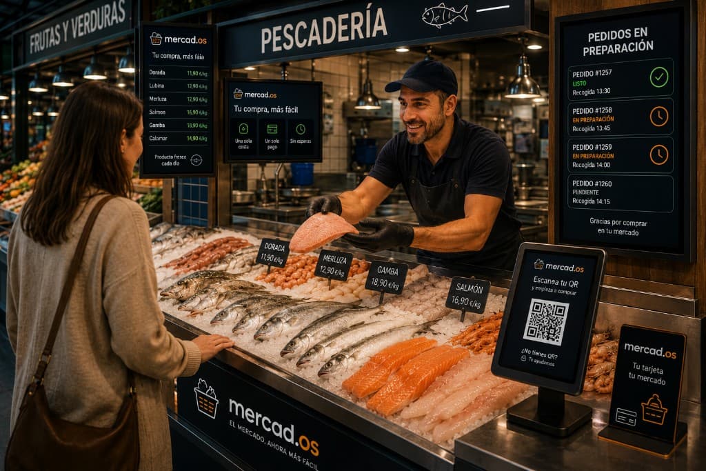 Pescadería digital vivetumercado con pantallas de precios, pedidos en preparación y QR para comprar