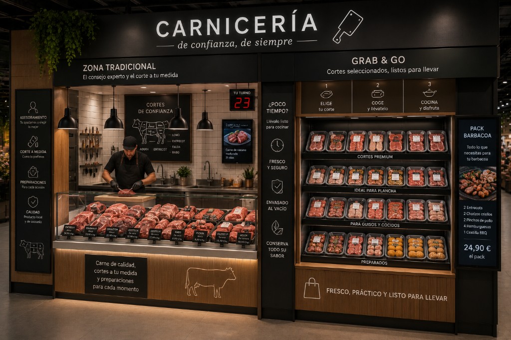 Carnicería moderna con zona tradicional de corte a medida y zona Grab & Go con productos preparados